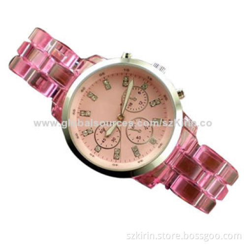 Fashion watch with plastic band and Japan movement/dial with index, gold-plated case